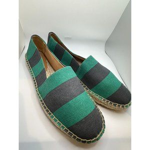 J. Crew Green And Navy Blue Striped Canvas Slip On Flat Shoe Espadrilles Size 8